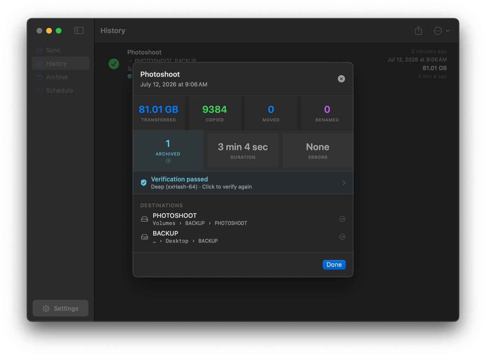 Sync history with exportable reports