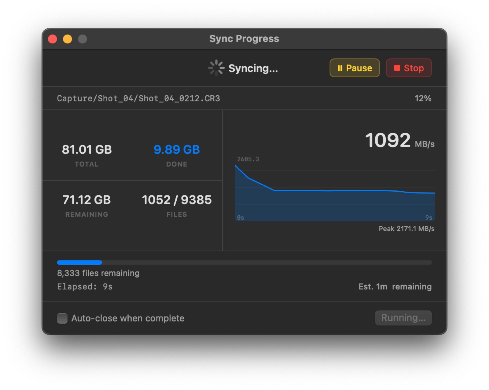 Live sync progress with speed and time estimates
