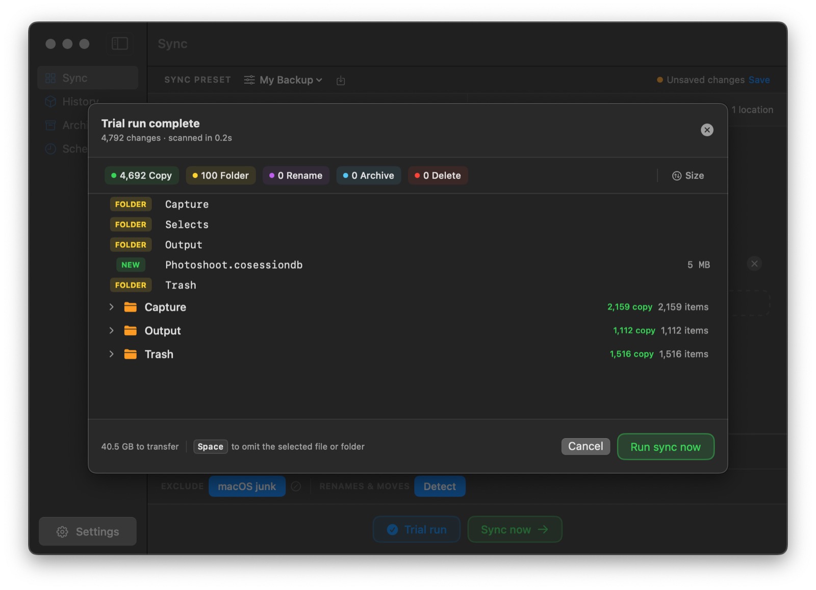 Trial run preview listing every planned change
