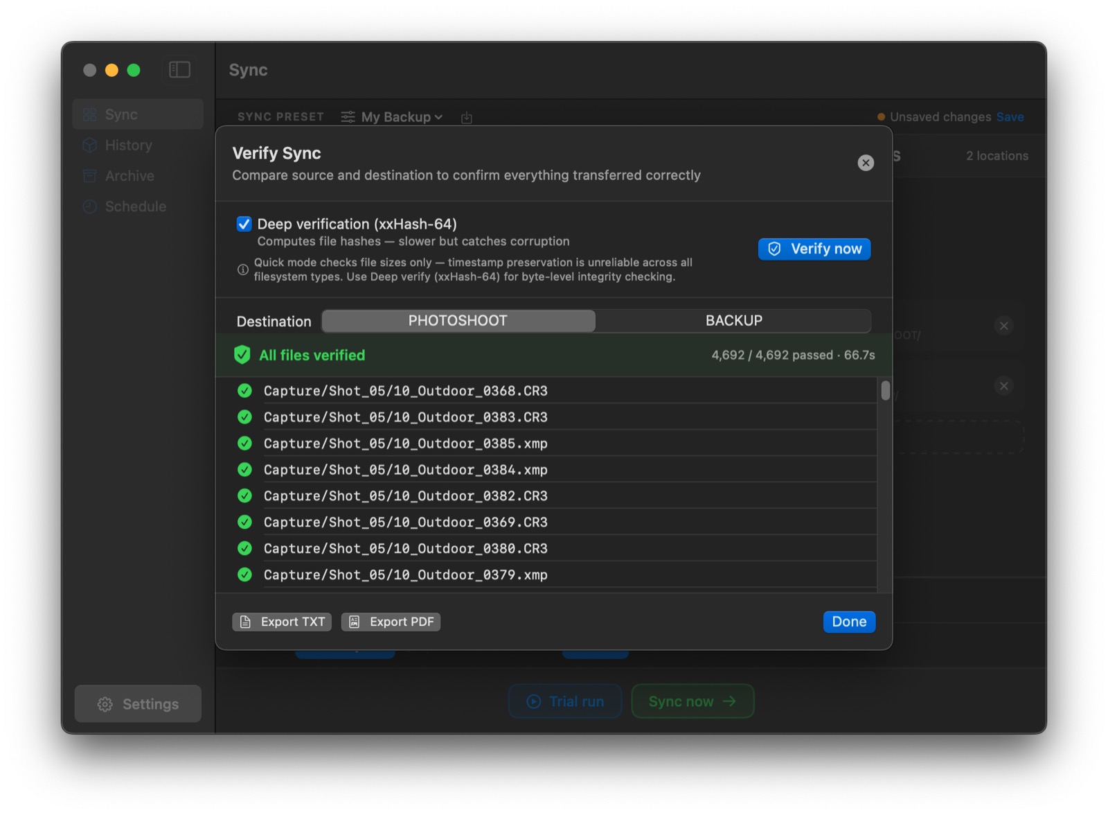 Deep verification comparing source and destination